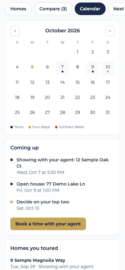 Sample buyer page showing a month calendar of tours