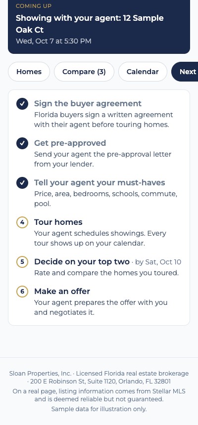 Sample buyer page showing a checklist of next steps