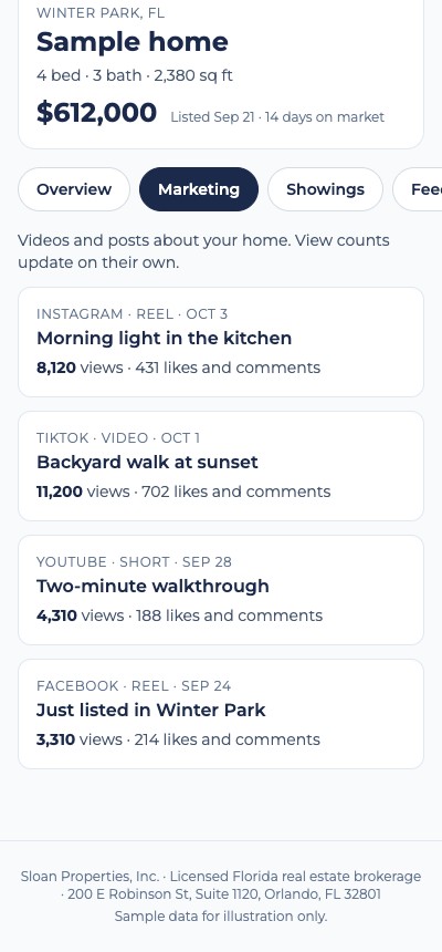 Sample seller dashboard listing social videos with view counts