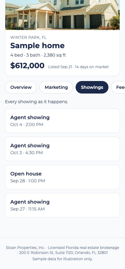 Sample seller dashboard listing recent showings