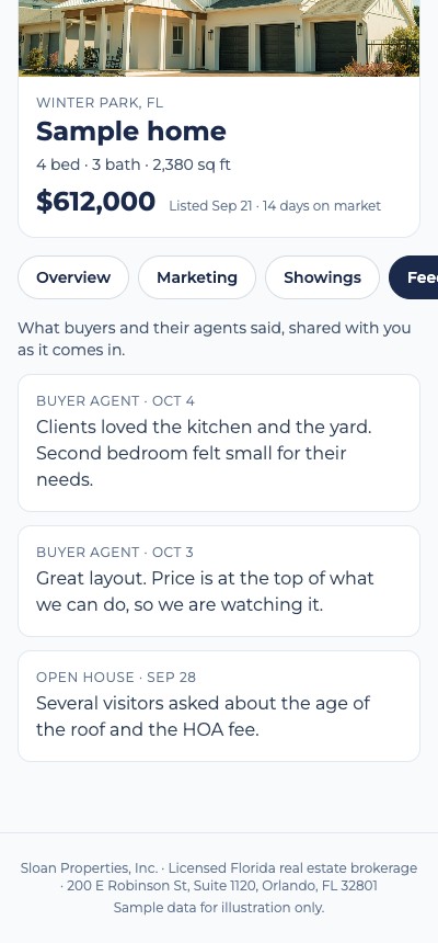 Sample seller dashboard showing buyer feedback